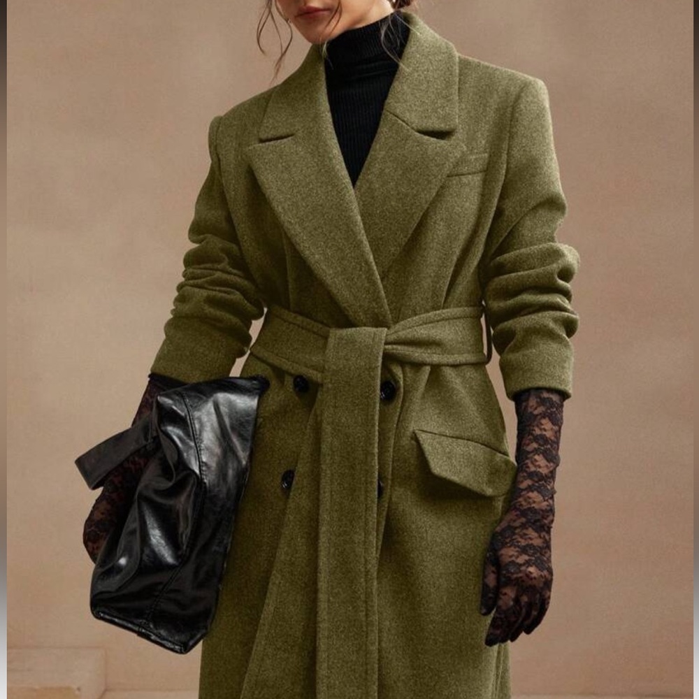 Luxury Long Pea Coat Belted Jacket dark Brown - Picture 6 of 13
